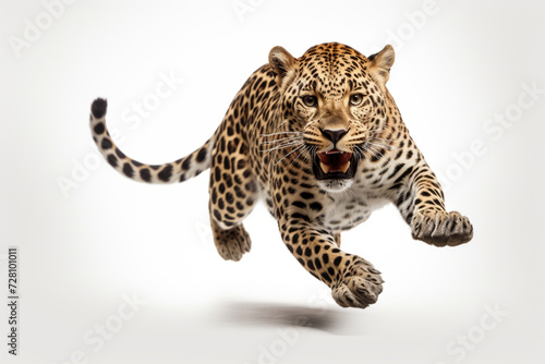 Leopard leaping toward the camera on a white background, feline front portrait.