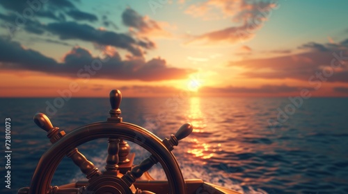 3D rendering, illustration of a ship steering wheel, commonly known as helm, at sunset photo