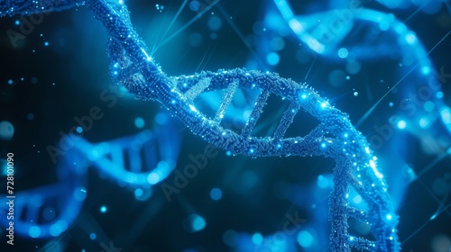Abstract DNA medical background. 3d illustration of double helix blue DNA molecules uses in technology such as bioinformatics, genetic engineering, DNA profiling (Forensic science) and nanotechnology