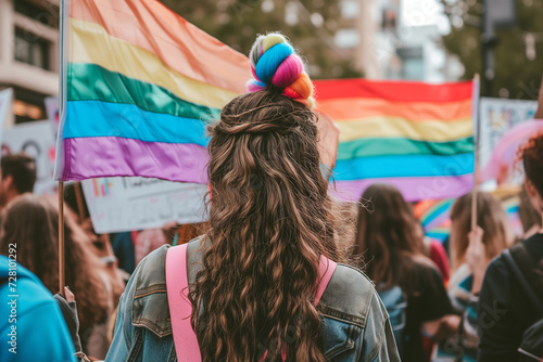 Back view of people with LGBT and Trans flags protest on the street