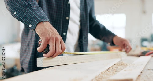 Hand, measuring tape and woodworking in workshop or production of furniture, small business or carpentry. Person, equipment and plank length for home improvement or manufacture, tolls or construction