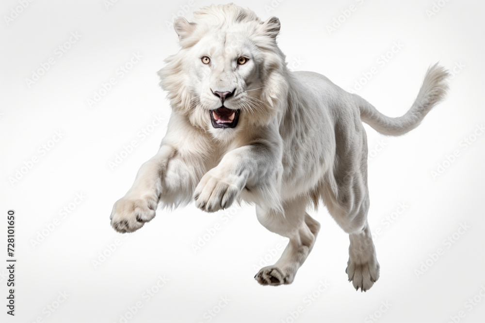 Obraz premium White Lion leaping toward the camera on a white background, feline front portrait.