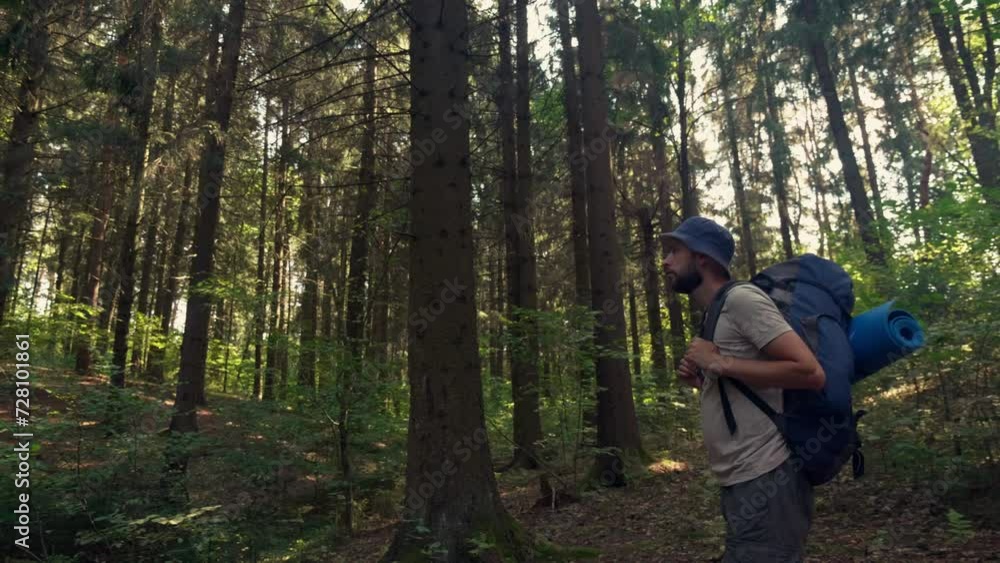 Tourist with backpack Hiking on Adventure Trip in Natural Landscape Woodland. Solo Adventure Inspiring travel with Hiking equipment. slow motion side view Tourist with backpack Hiking on Adventure Trip in Natural Landscape Woodland. Solo Adventure Inspiring travel with Hiking equipment. slow motion side view