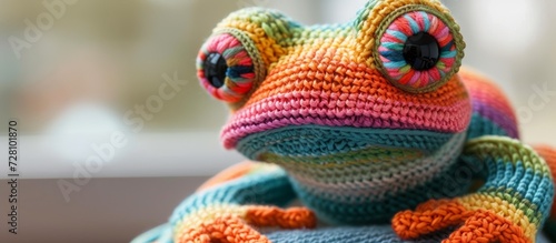 Knitted Rainbow Frog with Big Eyes: A Playful Knitted Creation Featuring a Colorful Rainbow Pattern, a Cute Big-Eyed Frog, and Expertly Knitted Details © TheWaterMeloonProjec