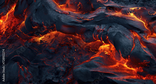 Black and red high detail vulcano and lava texture with fire splashes, red veins, cracks and lava flows