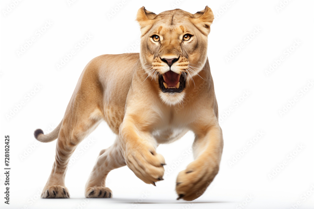 Lioness leaping toward the camera on a white background, feline front portrait. Lioness leaping toward the camera on a white background, feline front portrait.