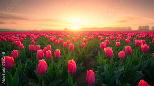 Vast fields of tulips bathed in the soft light of sunrise  creating a breathtaking and serene April landscape