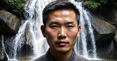 Man Standing in Front of a Waterfall