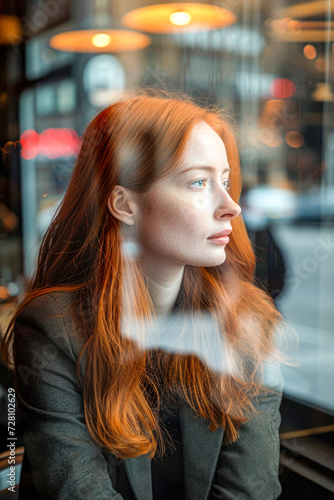 portrait of a redhead woman in a city modern cafe, reflections trough a window