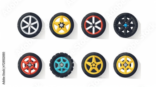 Car and other vehicle wheel flat icons set on white background. Multiple style tyre and wheel for gaming and other designing. Editable vector, easy to reuse