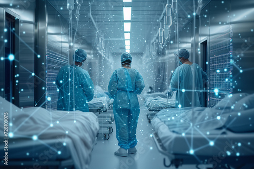 Implementation of 5G technology in healthcare. Photo of a modern hospital corridor with hospital bed and surgeons in the middle shown from the back.  photo