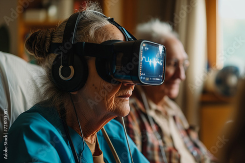 Gamification in healthcare showing older female patient laying in a hospital bed and wearing a virtual reality headset. Caucasian older lady is wearing VR goggles for relaxation in an elderly home photo