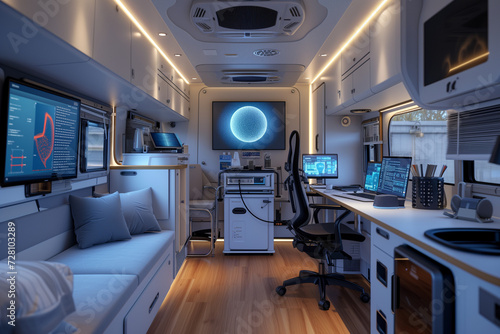 Mobile diagnostic unit. Futuristic mobile examination room for patience where everything needed for fast health check is inside and ready to use photo