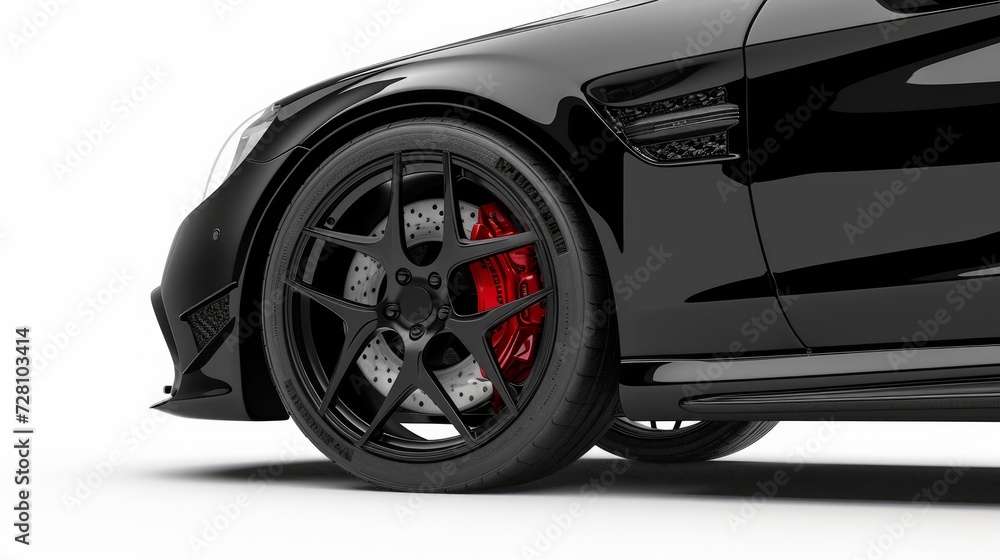 Clipping path. Black Wheel super car isolated on White background view. Movement. Magneto wheels Clipping path. Black Wheel super car isolated on White background view. Movement. Magneto wheels