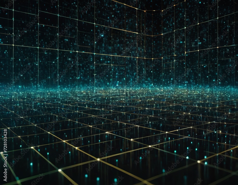 Obraz premium abstract representation of interconnected data nodes, digital matrix, binary code transmission