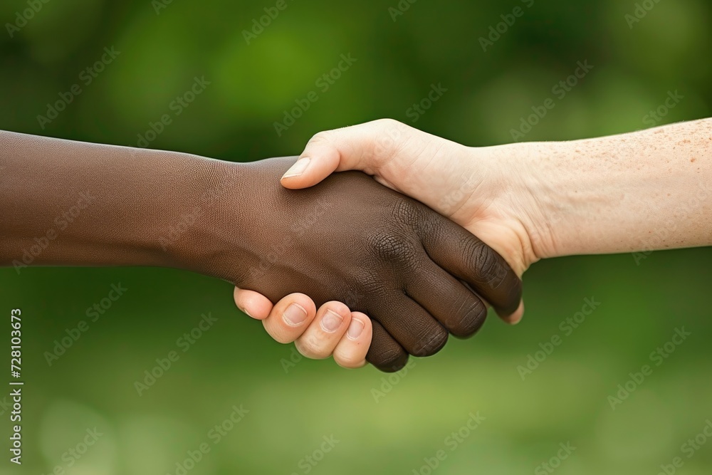 Handshake of people of different races, close up photo. Generative AI Handshake of people of different races, close up photo. Generative AI