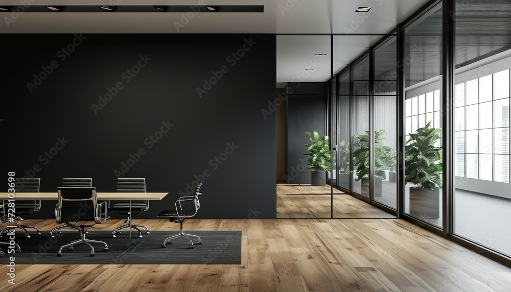 modern interior design office hall with conference table, wooden floor and dark wall background