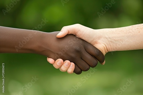 Handshake of people of different races, close up photo. Generative AI