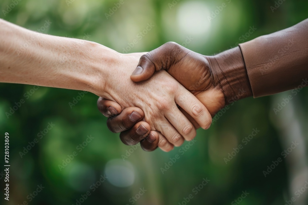 Handshake of people of different races, close up photo. Generative AI Handshake of people of different races, close up photo. Generative AI