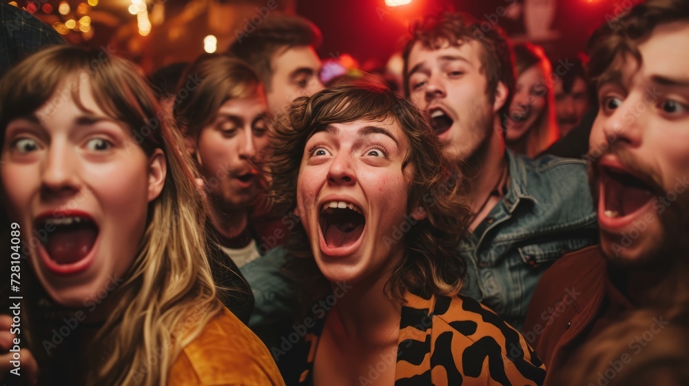 Group of happy friends having fun at a music festival - Youth culture concept. The moment of a surprise guest bursting into a party, surrounded by startled expressions and frozen laughter. 