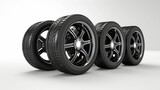 Five car wheels on a white background. 3D rendering illustration