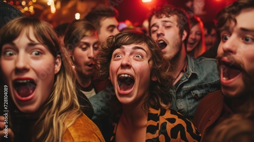 Group of happy friends having fun at a music festival - Youth culture concept. The moment of a surprise guest bursting into a party, surrounded by startled expressions and frozen laughter. 