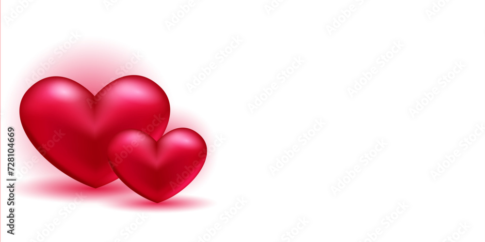 Red 3D hearts on a white background. Horizontal banner with place for text. Vector illustration