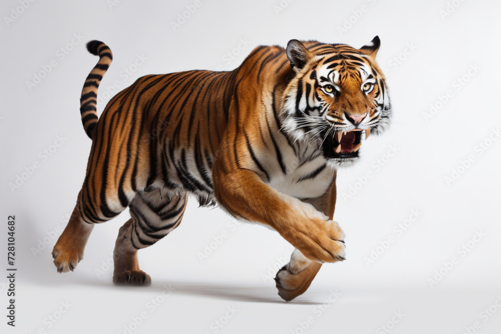 Obraz premium Tiger charging towards the camera on a white background. Feline front portrait. 