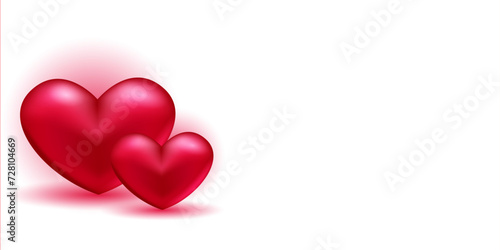 Red 3D hearts on a white background. Horizontal banner with place for text. Vector illustration