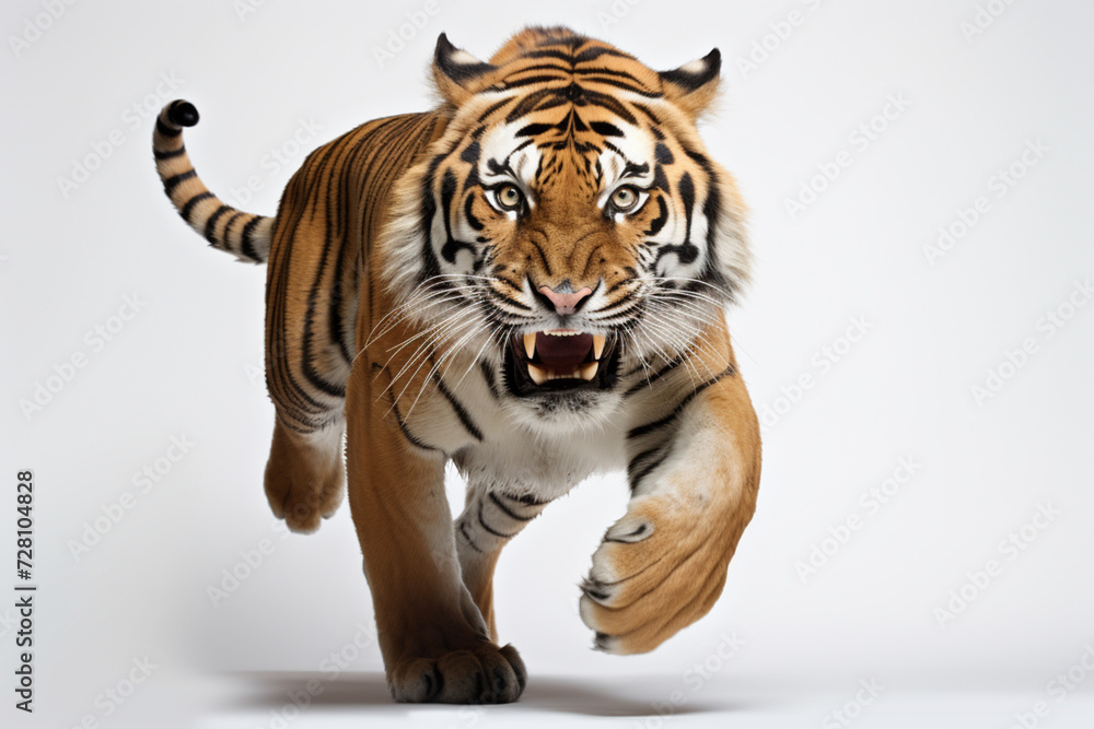 Obraz premium Tiger charging towards the camera on a white background. Feline front portrait. 