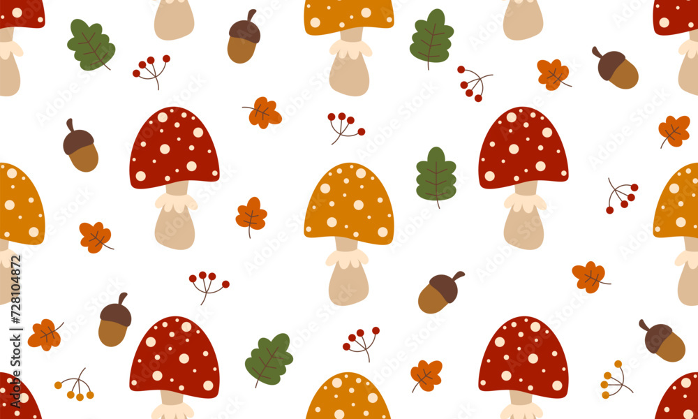 Seamless pattern with mushrooms. Seamless pattern with mushrooms and leaves, acorns and berries. Forest background Seamless pattern with mushrooms. Seamless pattern with mushrooms and leaves, acorns and berries. Forest background