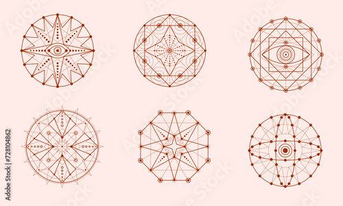 Set of geometric tattoo icons. Set of six symbols of sacred geometry. Linear character illustration for tattoo modern background