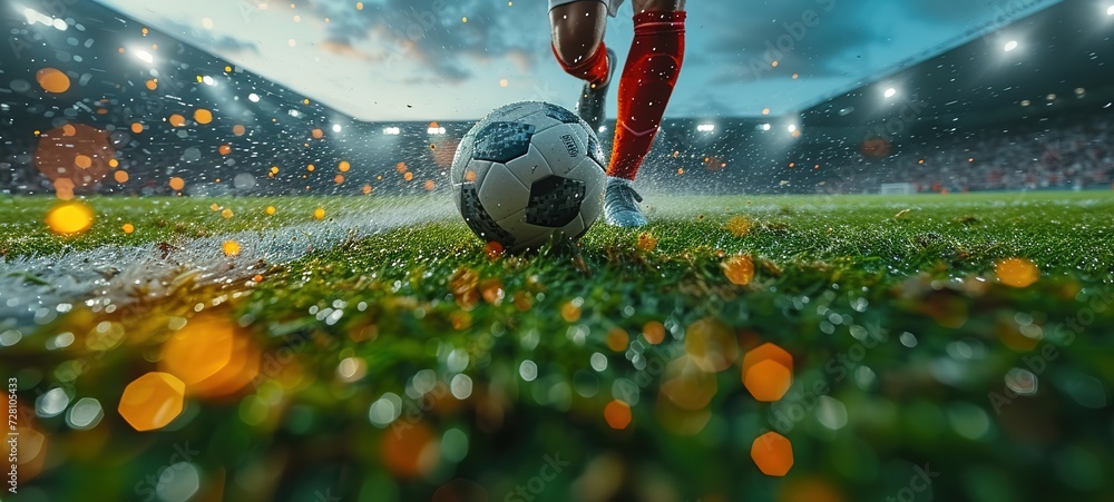 Close-up of a Leg in a Boot Kicking Football Ball. Professional Soccer Player Hits Ball - obrazy, fototapety, plakaty 