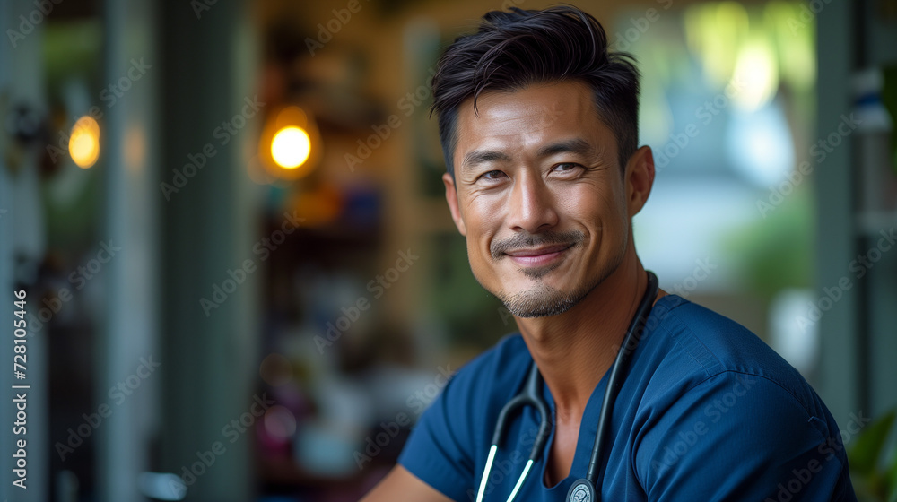 smiling asian doctor wearing scrubs and stethoscope