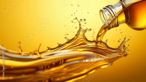 Motor oil bottle with splash and drops, car engine synthetic or mineral oil change service vector poster. Motor oil lubricant for diesel or gasoline auto engines with 3d wave splash flow of oil photo
