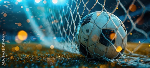 Soccer ball on goal with net and green background, this photo can use for football © Vasiliy