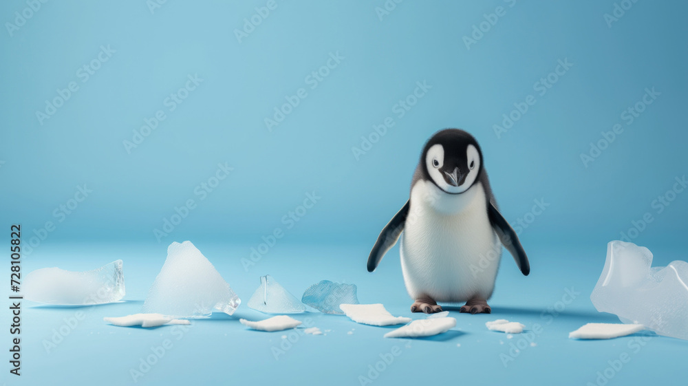 Advertising portrait, banner, white black small penguin looks down, snow and ice around, isolated on blue background