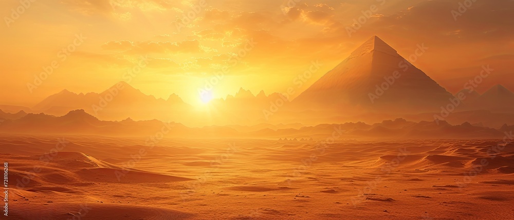 Sun Setting Over Pyramids in the Desert