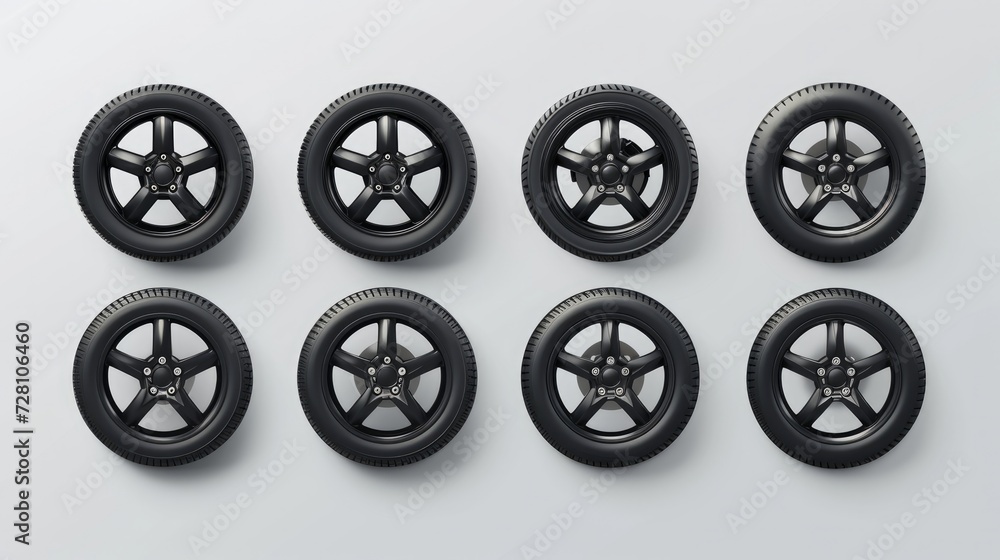 Set of isolated rubber tyre or car tire, truck wheel with metal star rim, lorry disk icon or bus wheels. Vehicle vulcanization or balancing, garage logo or brake maintenance, road, race, drive symbol