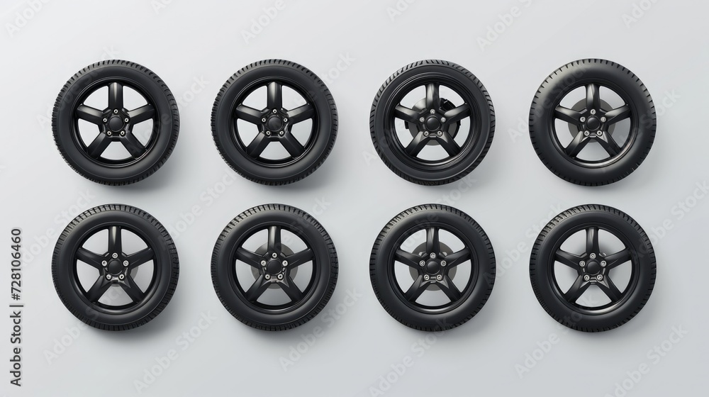 Set of isolated rubber tyre or car tire, truck wheel with metal star rim, lorry disk icon or bus wheels. Vehicle vulcanization or balancing, garage logo or brake maintenance, road, race, drive symbol Set of isolated rubber tyre or car tire, truck wheel with metal star rim, lorry disk icon or bus wheels. Vehicle vulcanization or balancing, garage logo or brake maintenance, road, race, drive symbol