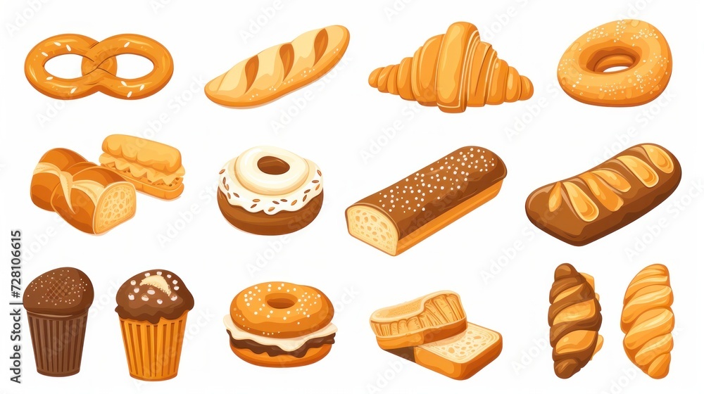 ภาพประกอบสต็อก Set vector bread icons. Rye, whole grain and wheat bread ...
