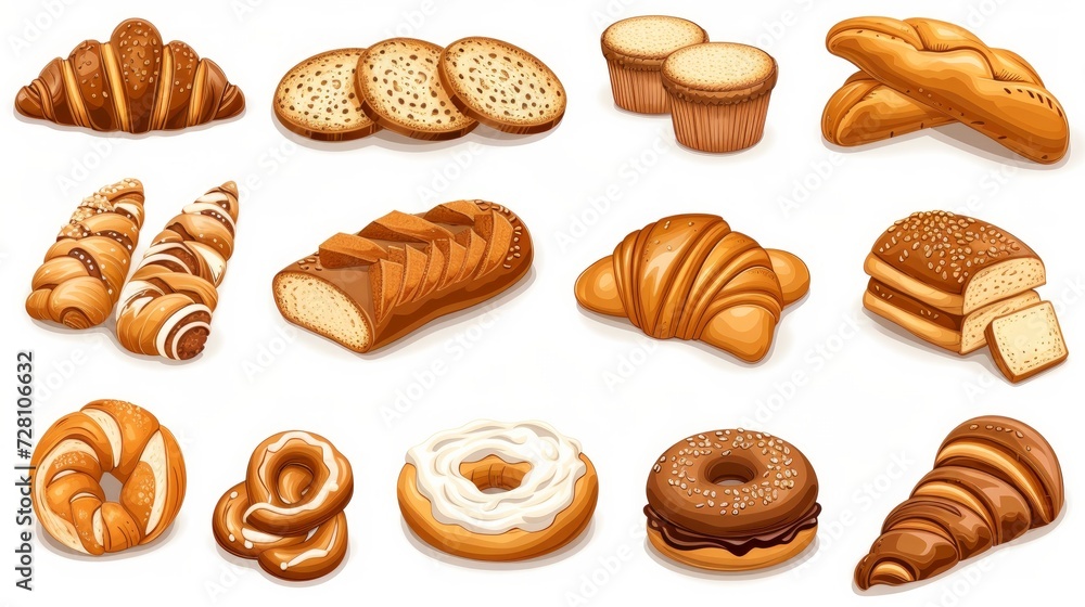 Set vector bread icons. Rye, whole grain and wheat bread, pretzel ...