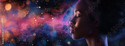 beautiful fantasy abstract portrait of a beautiful woman double exposure with a colorful digital paint splash or space nebula	 photo