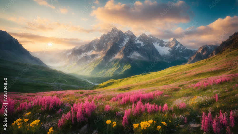 Sunrise in the mountains, mountain landscape in spring