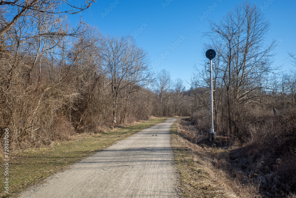An abandoned traffic signal along the Youghiogheny river trail in Westmoreland County, just by the since long closed Banning Mine number four.
