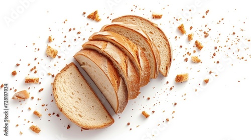 Sliced bread isolated on a white background. Bread slices and crumbs viewed from above. Top view photo