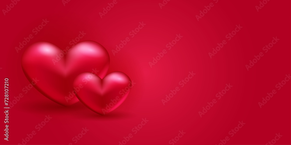 Red 3D hearts on a red background. Horizontal banner with place for text. Vector illustration