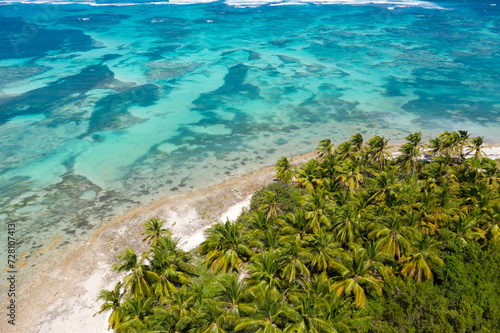 Bounty and prestine tropical beach with coconut palm trees and azure caribbean sea. Beautiful landscape. Aerial view photo