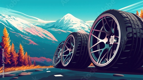 The tire set of the car is on the road. Advertising banner. A bunch of wheels against the color background. Web design. Promotion. Advertising for the sale of winter and summer wheels