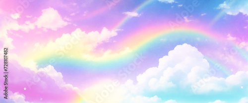 Holographic fantasy rainbow unicorn background with clouds and stars. Pastel color sky. Magical landscape, abstract fabulous pattern. Cute candy wallpaper. Vector. photo